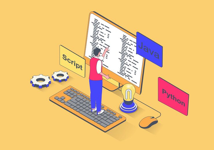 Vector programming concept in 3d isometric design man working with code coding python language writes scripts develops software and apps vector illustration with isometry people scene for web graphic