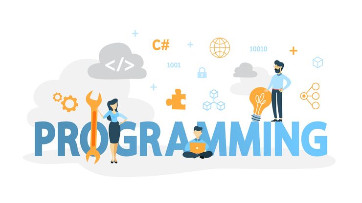 Vector 프로그래밍 개념. 컴퓨터 작업, 코딩, 테스트 및 프로그램 작성, 인터넷 및 다른 소프트웨어 사용에 대한 아이디어. 웹 사이트 개발. 삽화