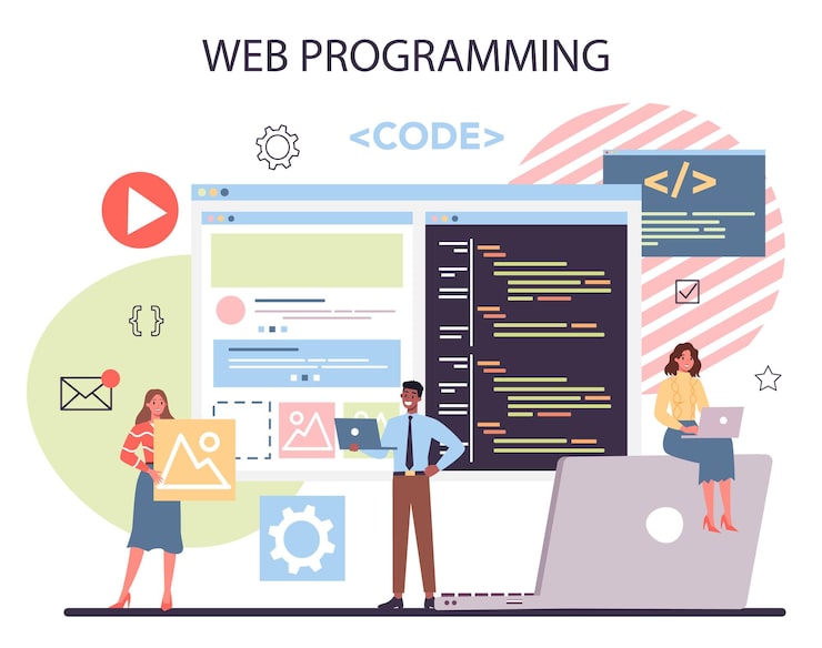 Vector programming concept. idea of working on the computer, coding, testing and writing program. website front end and back end development.