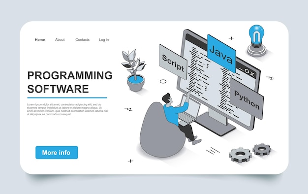 3d 아이소메트릭 랜딩 페이지 개요 디자인의 프로그래밍 개념 개발자는 코드 코딩 작업