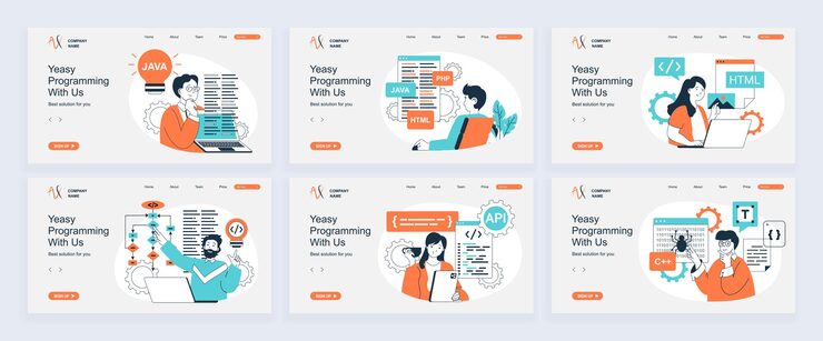 Vector programming concept of landing page with slide templates set in flat design website headers with people coding on computer creating scripts and algorithms developing programs vector illustrations