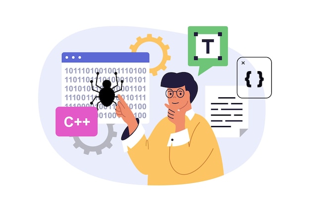 programming concept in modern flat design for web man coding and working at software development making improvements and optimization fixing bugs and solving code problems vector illustration