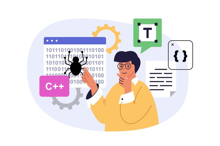 Vector programming concept in modern flat design for web man coding and working at software development making improvements and optimization fixing bugs and solving code problems vector illustration