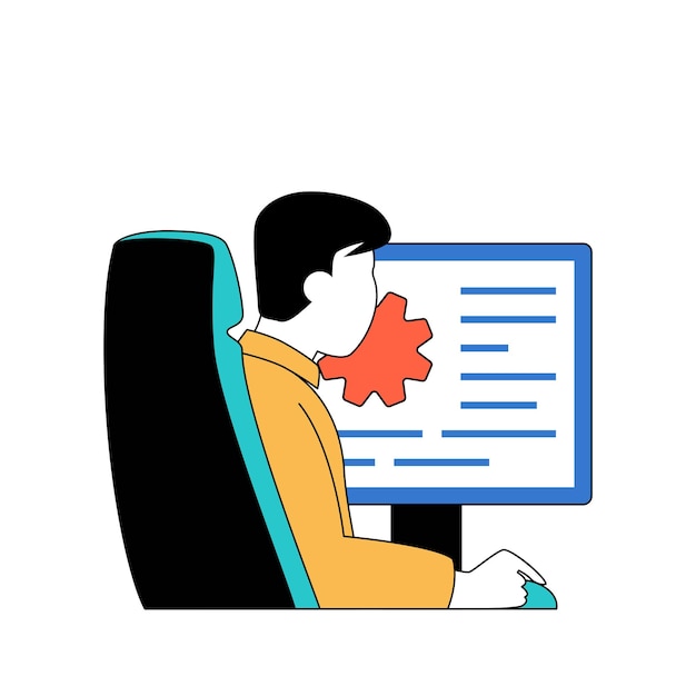 웹용 플랫 디자인의 만화 사람들과 프로그래밍 개념 버그 수정 제품을 테스트하는 코딩 및 엔지니어링 프로그램 소셜 미디어 배너 마케팅 자료에 대한 벡터 그림