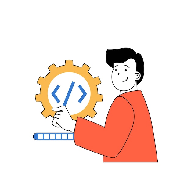 Web 用のフラットなデザインの漫画の人々 のプログラミングのコンセプト アプリのコードとアルゴリズムを作成する人、プログラムと設定をテストするソーシャル メディア バナー マーケティング素材のベクトル図
