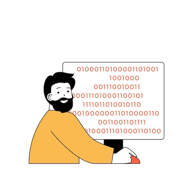 Vector programming concept with cartoon people in flat design for web man creating product code searching and fixing bugs before release vector illustration for social media banner marketing material