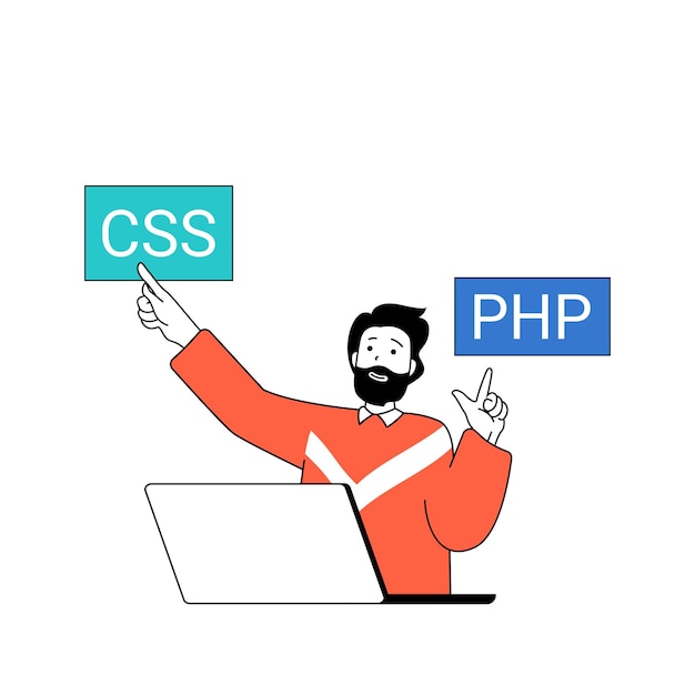 Concetto di programmazione con persone dei cartoni animati in design piatto per il web uomo che lavora come sviluppatore di software e codifica in linguaggi css e php illustrazione vettoriale per materiale di marketing banner sui social media