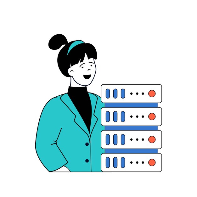 Programming concept with cartoon people in flat design for web Woman working as tech engineer and monitoring of server rack room Vector illustration for social media banner marketing material