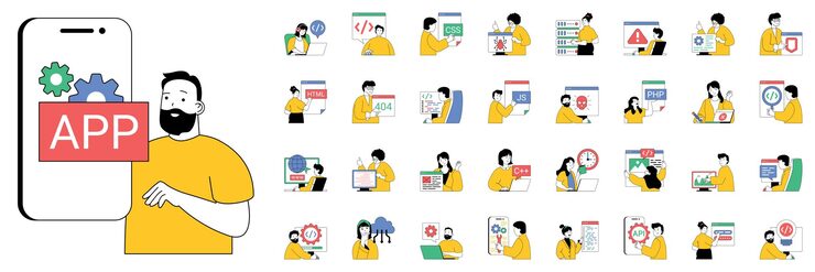Vector programming concept with character situations mega set bundle of scenes people creating apps and programs working with code different languages and other vector illustrations in flat web design