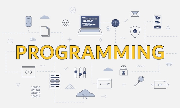 Concetto di programmazione con set di icone con grandi parole o testo al centro dell'illustrazione vettoriale