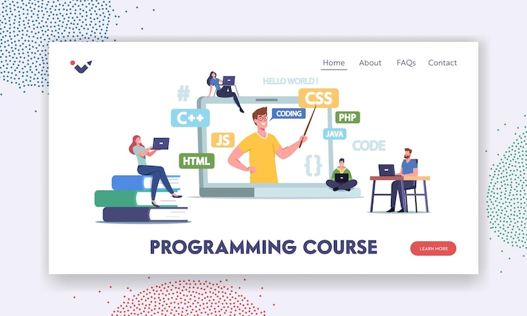 Vector programming courses landing page template. tiny students characters at huge laptop with coach explain programmer classes during online webinar, software development. cartoon people vector illustration