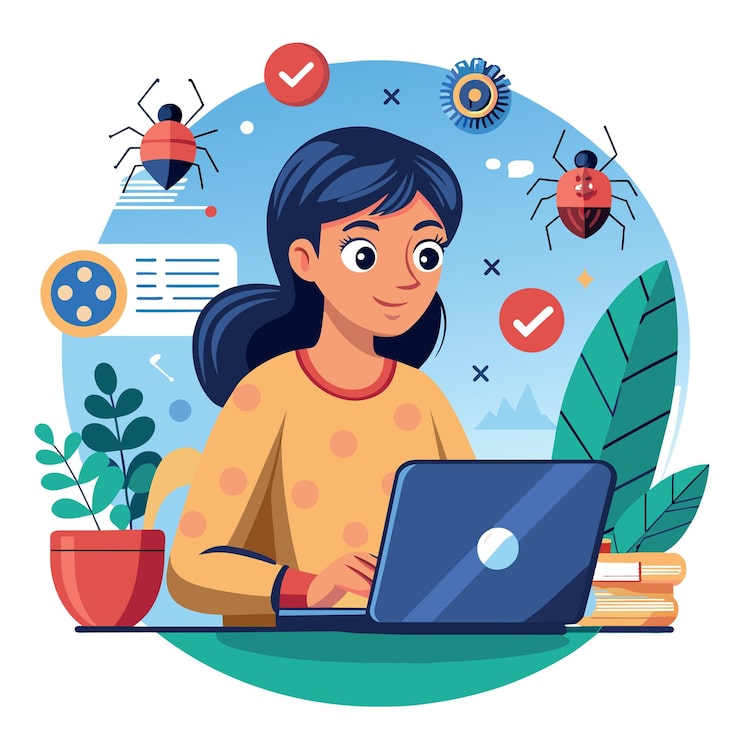 Vector programming debug search for application software bug and fix code concept young nerd programmer