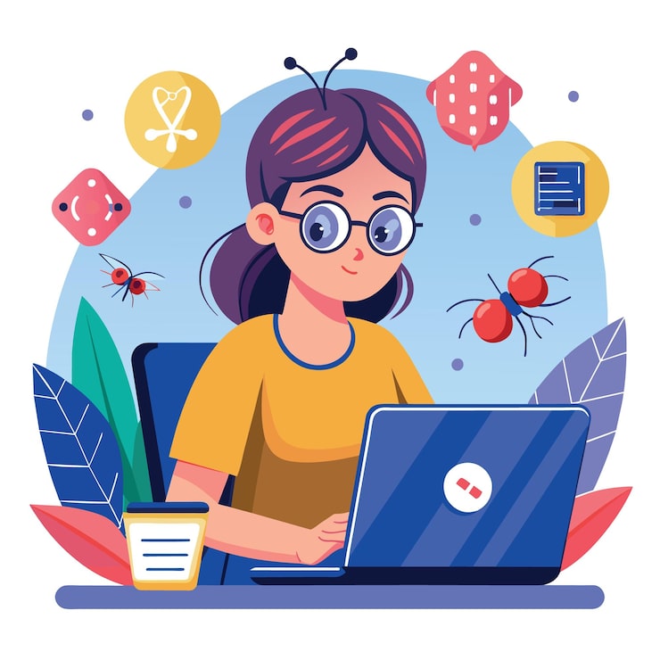 Vector programming debug search for application software bug and fix code concept young nerd programmer