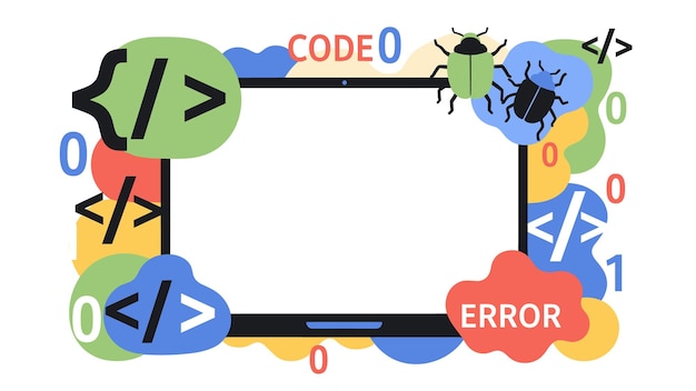 programming debugging frame with code and error elements
