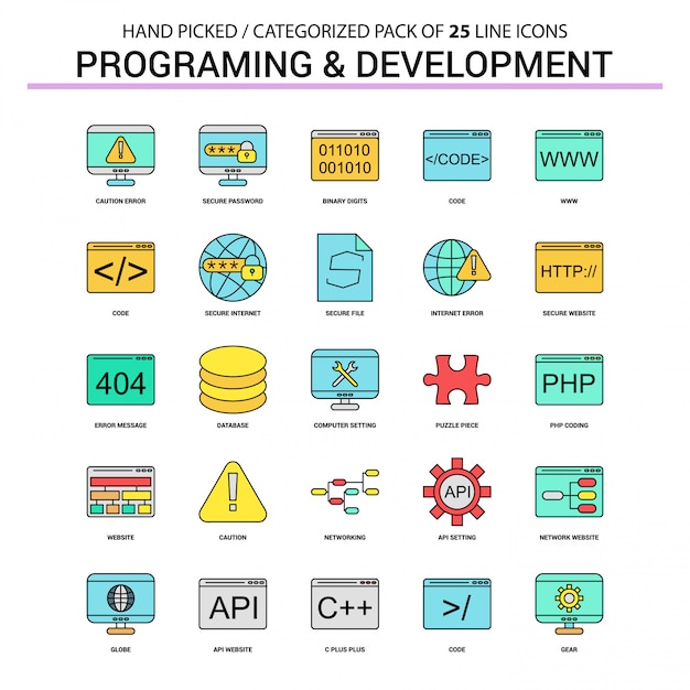 프로그래밍 및 개발 플랫 라인 아이콘 세트