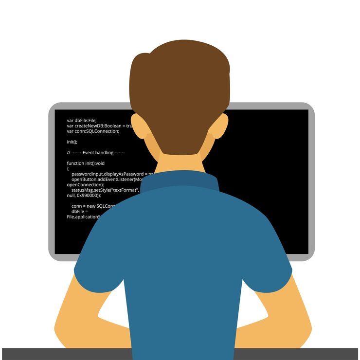 Vector programming developer young code geek developing programmer character it coding freelancer work flat illustration networking project technologies engineering hero