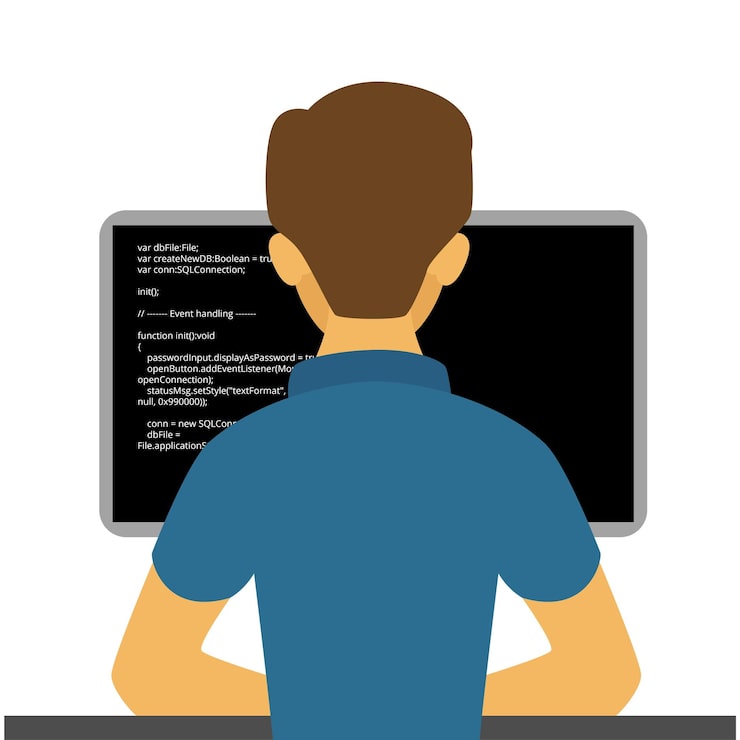 Vector programming developer young code geek developing programmer character it coding freelancer work flat illustration networking project technologies engineering hero