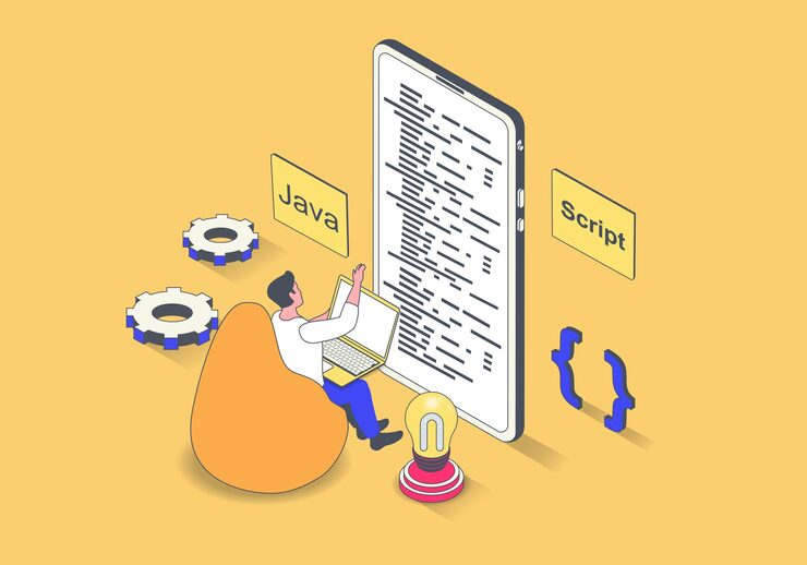 Vector programming and development concept in 3d isometric design man creating code for mobile software working with java language and script vector illustration with isometry people scene for web graphic
