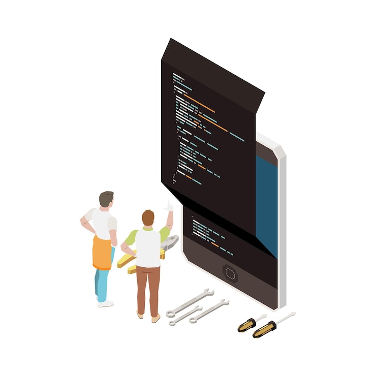 Vector programming development isometric composition with characters of programmers with smartphone code gear and wrench vector illustration