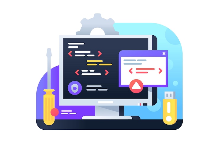 Vector programming development using pc and it technology. isolated icon concept of app using new api for modern business service interface.