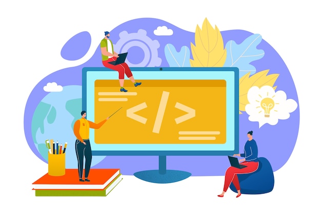 Programming education concept, programmers learn coding on computer  illustration. People reate code or program on programming languages. Online internet learning. Modern education technology.