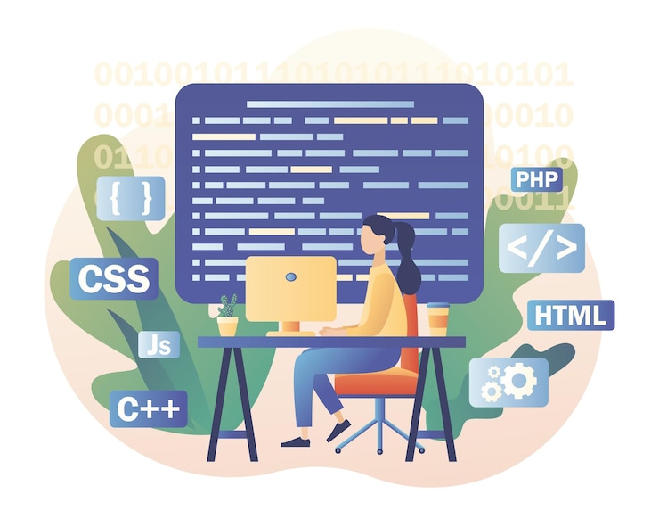 Vector programming and engineering development tiny girl programmer or developer create code programming