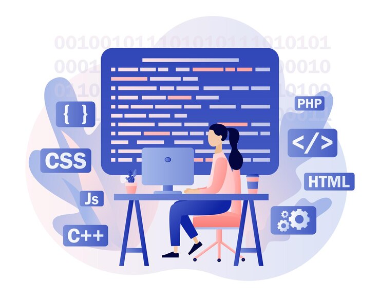 Vector programming and engineering development tiny girl programmer or developer create code programming