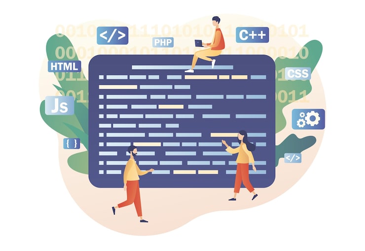 Vector programming and engineering development tiny people programmer or developer create code programming