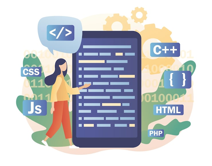 Vector programming and engineering development tiny woman programmer or developer create code programming