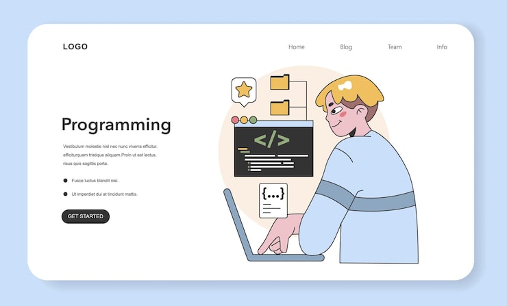 Vector programming essentials concept focused developer coding on laptop with html and css software