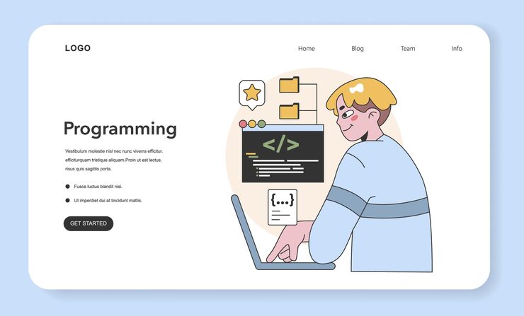 Vector html 및 css 소프트웨어로 노트북에서 개발자 코딩에 초점을 맞춘 프로그래밍 기본 개념