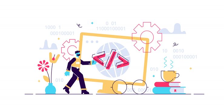 Vector programming illustration. flat tiny person concept with it computer. application, software or web page coding process. interface development with task algorithm source and executable designing.