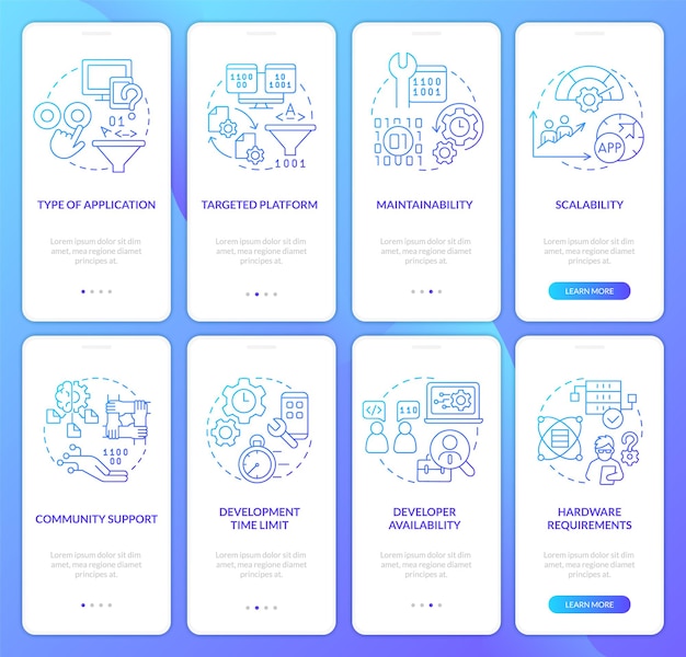 Scelta del linguaggio di programmazione set di schermate dell'app mobile onboarding gradiente blu