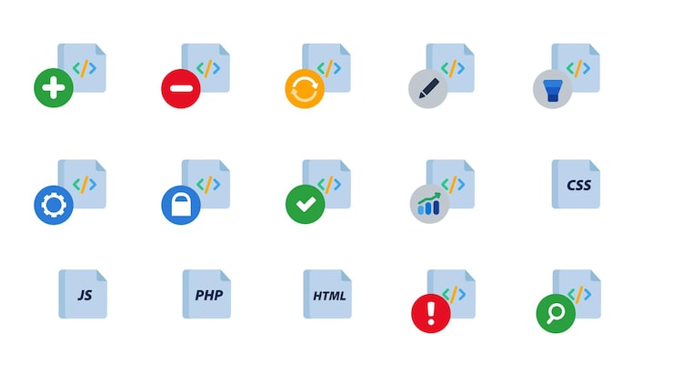 Vector programming language code script file icon set collection of coding file management