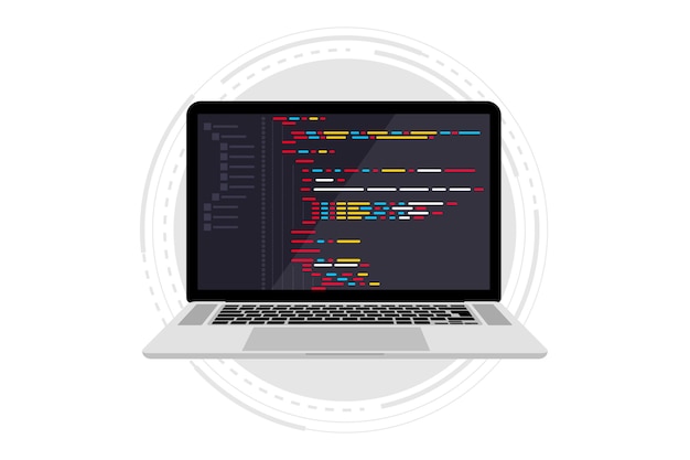 Vettore linguaggio di programmazione e codice del programma sullo schermo del laptop programmazione della codifica php html