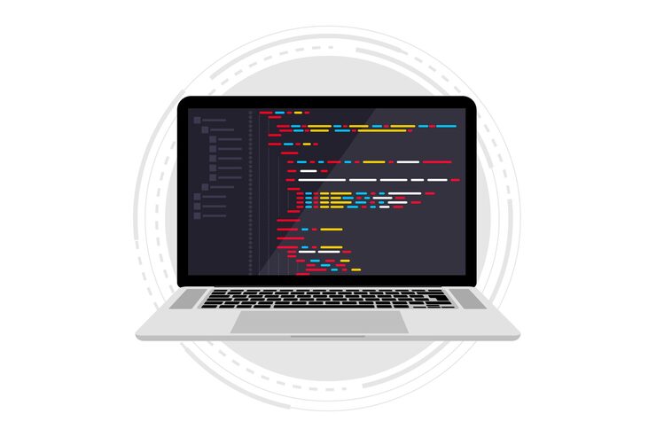 Vector programming language and program code on screen laptop programming coding php html
