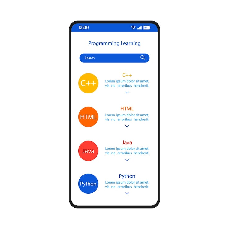 Vector programming learning smartphone interface vector template. mobile app page white design layout. software development, programming language online courses screen. flat ui for application. phone display