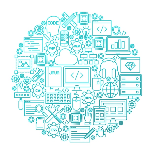 programming line icon circle design. vector illustration of coding resources objects.