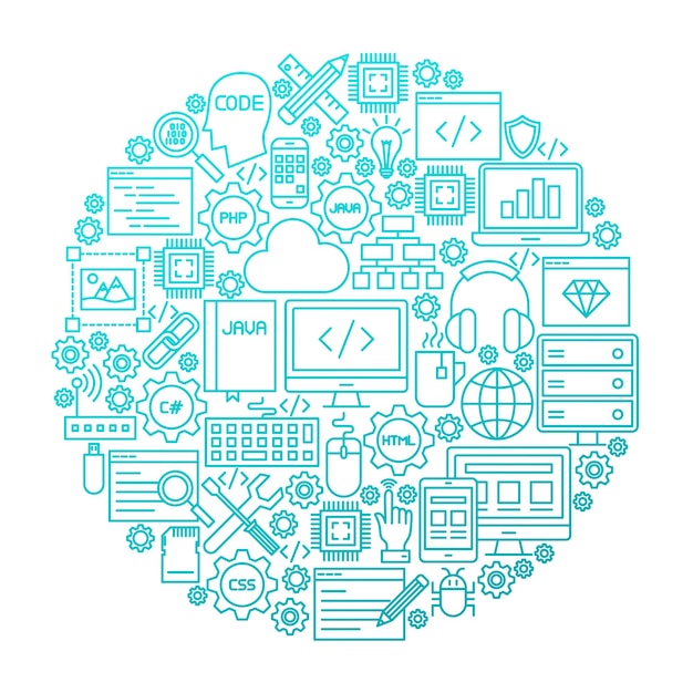 Vector programming line icon circle design. vector illustration of coding resources objects.