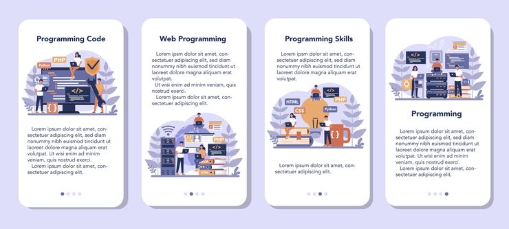 Vector 编程移动应用程序标语集. 在计算机上工作,编码,测试和编写程序的想法,使用互联网和不同的软件. 网站开发. 矢量插图