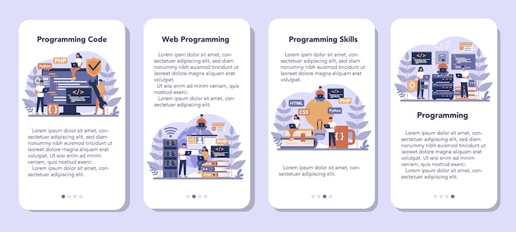 Vector programming mobile application banner set. idea of working on the computer, coding, testing and writing program, using internet and different software. website development . vector illustration