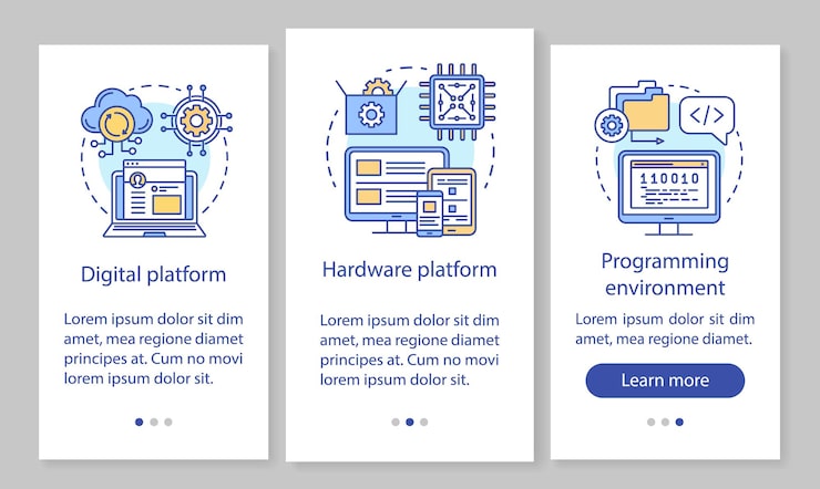 Vector programming onboarding mobile app page screen with linear concepts. cross platform development environment walkthrough steps graphic instructions. ux, ui, gui vector template with illustrations