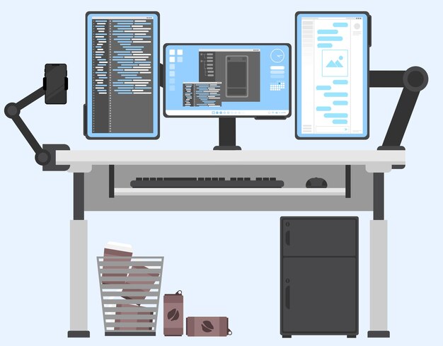 Programming operations with three monitor on worktable Front view of triple monitor desk Coding an