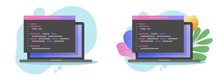 Vector programming php code on computer screen or coding html or java script on laptop pc flat cartoon