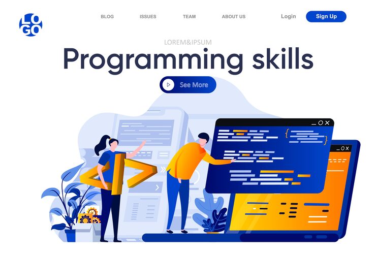 Vector programming skills flat landing page. developers team creating, testing and programming computer application illustration. software development web page composition with people characters.