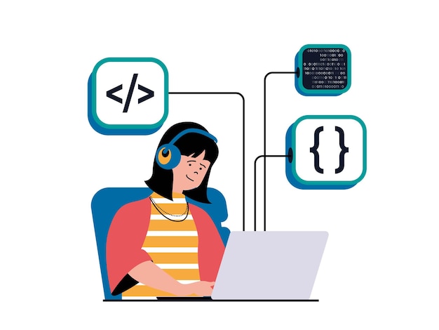 Programming software concept with character situation woman working with program code finding new solutions fixing bugs and testing vector illustration with people scene in flat design for web