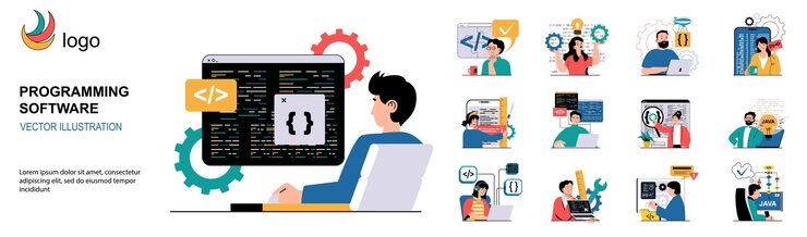 Vector 编程软件概念与字符情况集合 场景捆绑人们写测试和优化代码使用不同的编程语言工作 平面网页设计中的向量插图