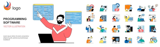 Concetto di software di programmazione con mega set di situazioni di carattere fascio di scene persone che lavorano con applicazioni di ingegneria del codice del programma che realizzano script illustrazioni vettoriali in flat web design