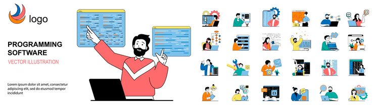 Vector 문자 상황 메가 세트를 사용한 프로그래밍 소프트웨어 개념 플랫 웹 디자인의 스크립트 벡터 그림을 만드는 프로그램 코드 엔지니어링 응용 프로그램으로 작업하는 장면 번들
