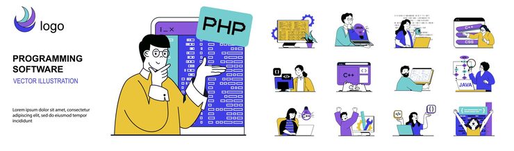 Vector programming software concept with character situations mega set in flat web design bundle of scenes people writing and optimizing code working with different program languages vector illustrations